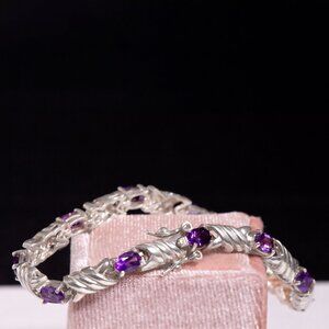 925 Sterling Silver Amethyst Tennis Bracelet • 18cm • 6mm • Genuine Purple Gems
